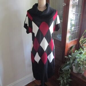 90s/Y2K Vintage Cato Red & Black Argyle Sweater Dress Size L Cowl Neck Academia